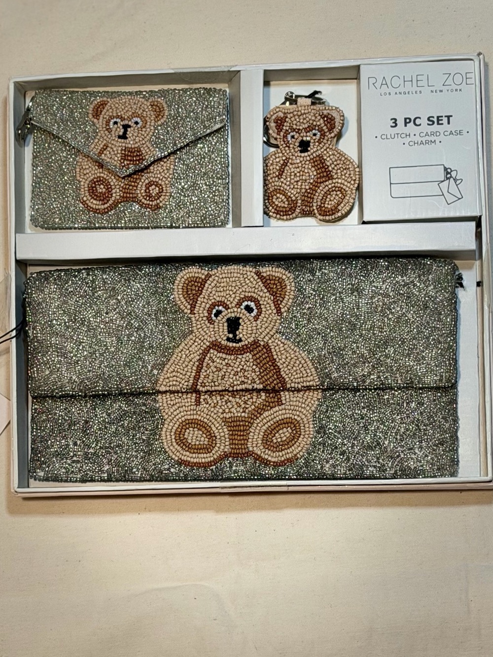 Rachel Zoe Silver Beaded Teddy 3-Piece Kids Bag Set
